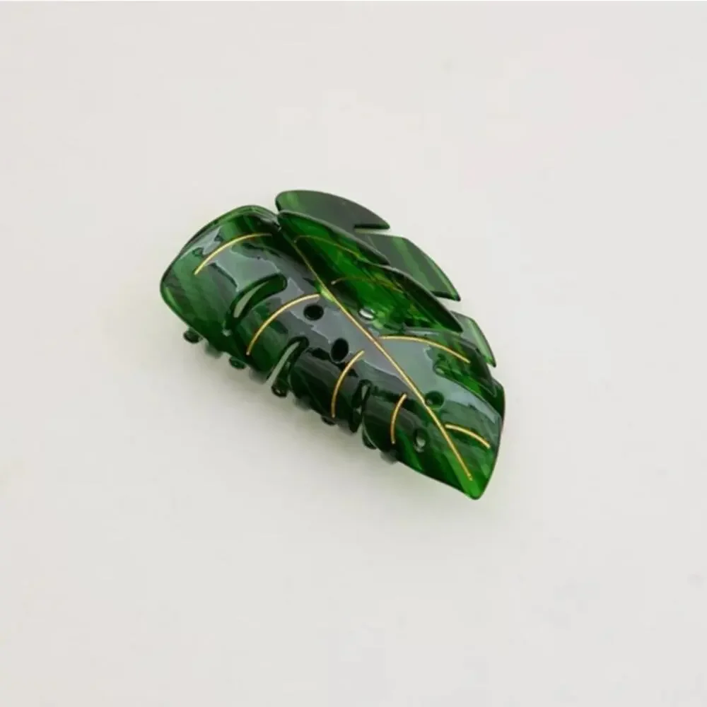 NEW ANTHROPOLOGIE Dark Green Gold Palm Monstera Leaf Plastic Hair Claw Clip